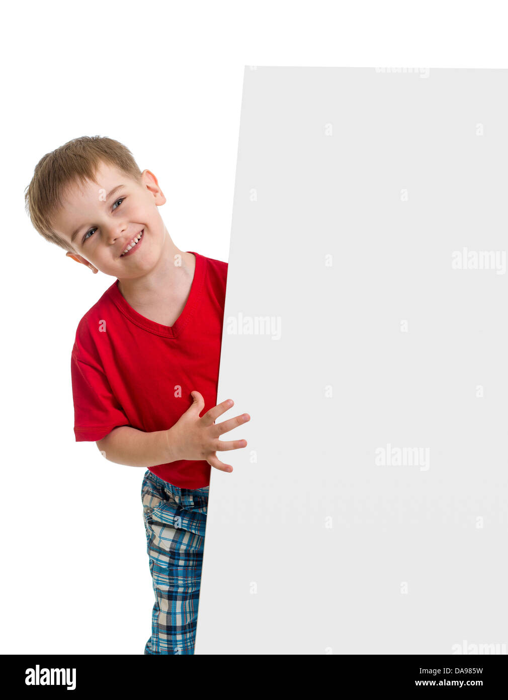 happy kid behind blank banner for advertising Stock Photo