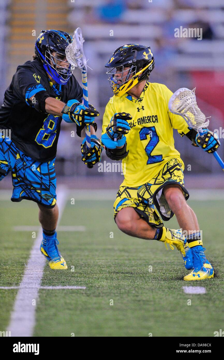 July 6, 2013 - Baltimore, MD, United States of America - July 6, 2013 Baltimore, MD.North All-Star Nick Weston #8 in pursuit of South All-Star attacker Sean Coleman #2 during the 8th Annual Under Armour All-American Lacrosse Classic at Johnny Unitas Stadium Baltimore on July 6, 2013..South defeats North 28-24. Stock Photo