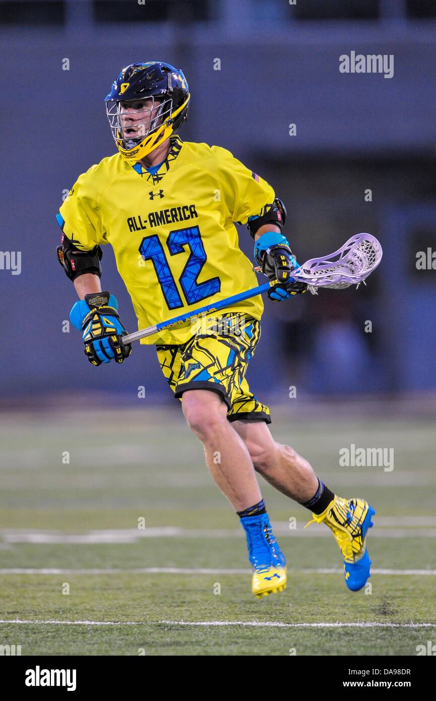 July 6, 2013 - Baltimore, MD, United States of America - July 6, 2013 Baltimore, MD.South All-Star midfield man Zach Currier #12 in action during the 8th Annual Under Armour All-American Lacrosse Classic at Johnny Unitas Stadium Baltimore on July 6, 2013..South defeats North 28-24. Stock Photo