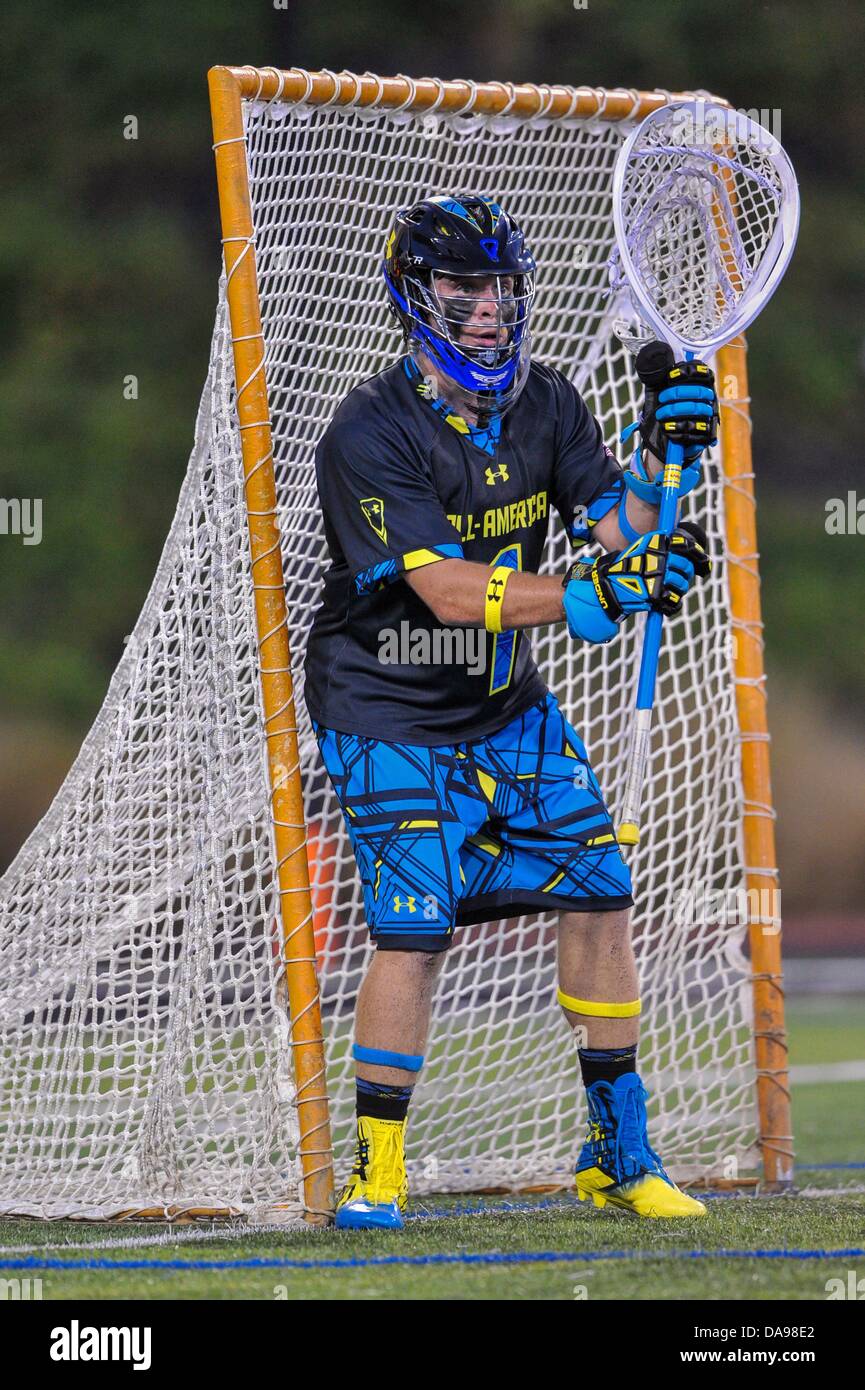 July 6, 2013 - Baltimore, MD, United States of America - July 6, 2013 Baltimore, MD.North All-Star goalie Danny Fowler #1 defends the goal during the 8th Annual Under Armour All-American Lacrosse Classic at Johnny Unitas Stadium Baltimore on July 6, 2013..South defeats North 28-24. Stock Photo