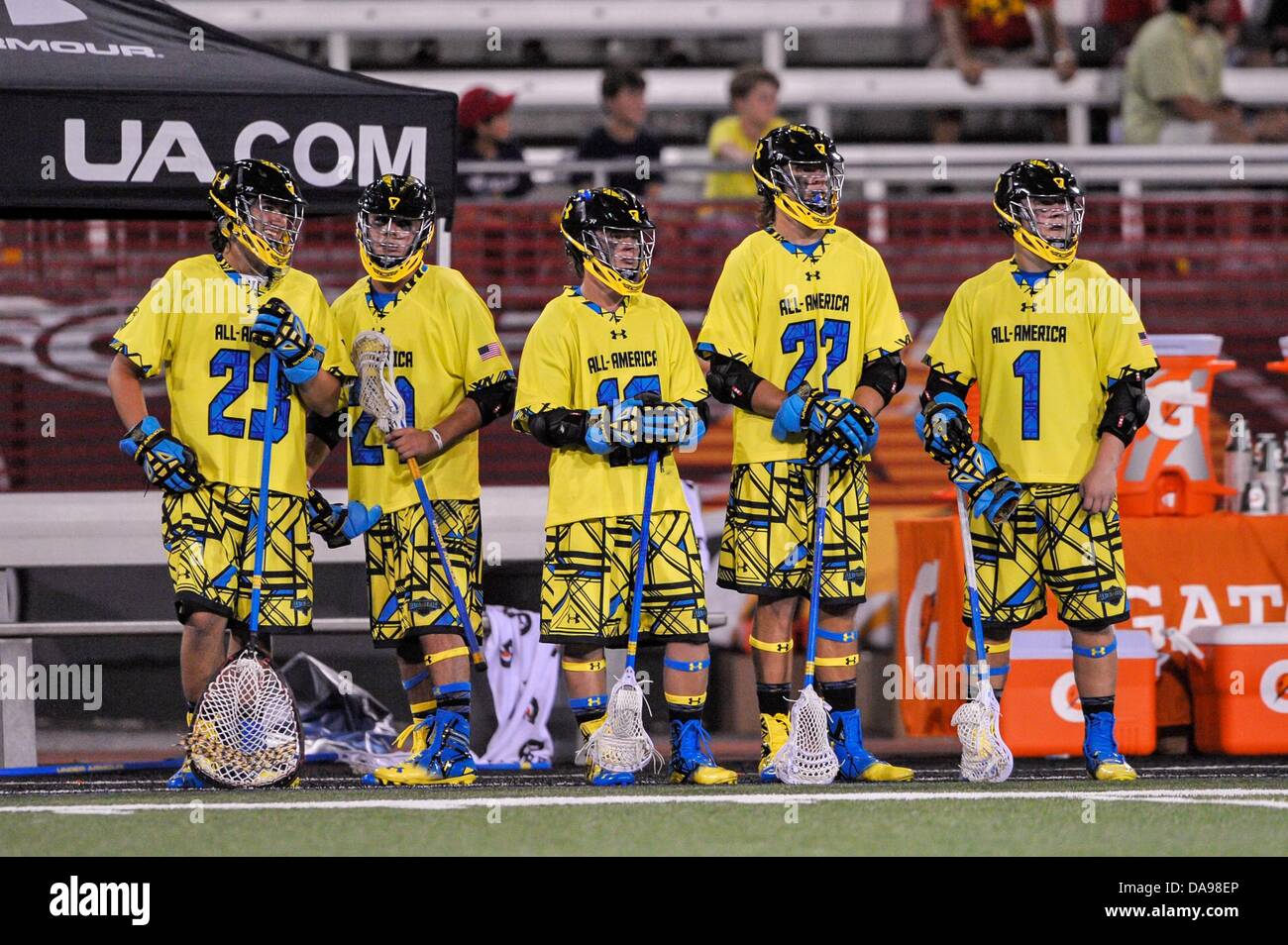 July 6, 2013 - Baltimore, MD, United States of America - July 6, 2013 Baltimore, MD.South All-Star players Dan Morris #23 Stephen Kelly #24 Mac Pons #14 Colin Heacock #22 and Matt Rambo #1 on the sideline during the 8th Annual Under Armour All-American Lacrosse Classic at Johnny Unitas Stadium Baltimore on July 6, 2013..South defeats North 28-24. Stock Photo