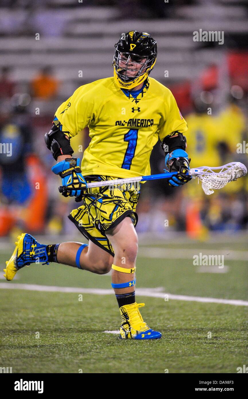 July 6, 2013 - Baltimore, MD, United States of America - July 6, 2013 Baltimore, MD.University of Maryland recruit Matt Rambo #1 in action during the 8th Annual Under Armour All-American Lacrosse Classic at Johnny Unitas Stadium Baltimore on July 6, 2013. Matt Rambo was the games MVP scoring a record 8 goals on the night..South defeats North 28-24 Stock Photo