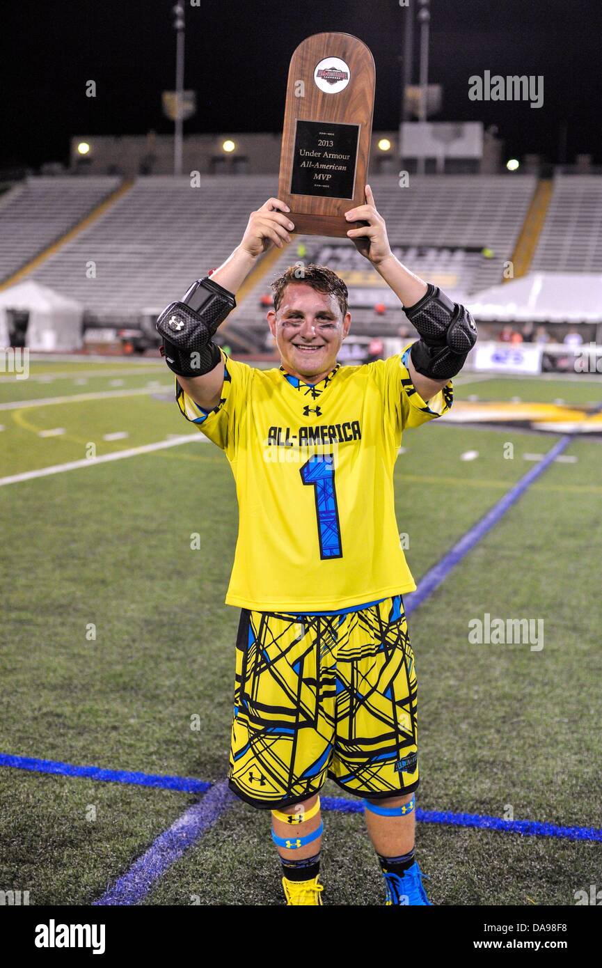 July 6, 2013 - Baltimore, MD, United States of America - July 6, 2013 Baltimore, MD.University of Maryland recruit Matt Rambo #1 was the games Most Valuable Player scoring a record 8 goals on the night breaking the previous record of 5 during the 8th Annual Under Armour All-American Lacrosse Classic at Johnny Unitas Stadium Baltimore on July 6, 2013. .South defeats North 28-24. Stock Photo