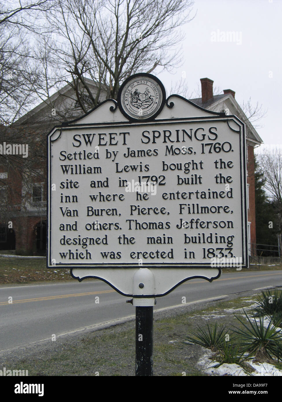 SWEET SPRINGS Settled by James Moss, 1760. William Lewis bought the site and in 1792 built the inn where he entertained Van Buren, Pierce, Fillmore, and others. Thomas Jefferson designed the main building which was erected in 1833. Stock Photo