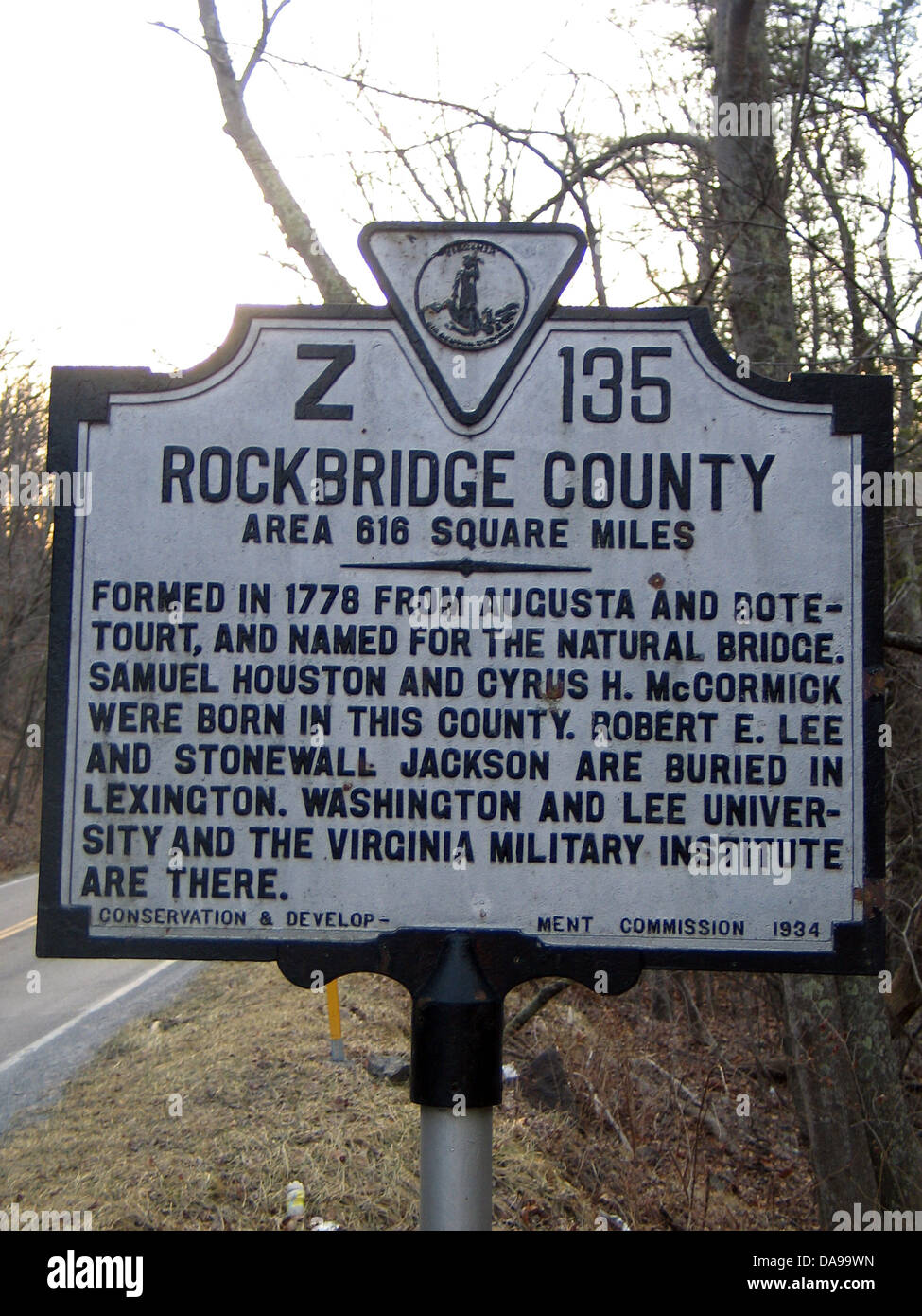 ROCKBRIDGE COUNTY Area 616 Square Miles Formed in 1778 from Augusta and Botetourt, and named for the Natural Bridge. Samuel Houston and Cyrus H. McCormick were born in this county. Robert E. Lee and Stonewall Jackson are buried in Lexington. Washington and Lee University and the Virginia Military Institute are there. Conservation & Development Commission, 1934 Stock Photo