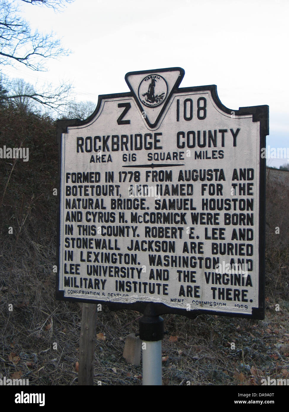 ROCKBRIDGE COUNTY Area 616 Square Miles Formed in 1778 from Augusta and Botetourt, and named for the Natural Bridge. Samuel Houston and Cyrus H. McCormick were born in this county. Robert E. Lee and Stonewall Jackson are buried in Lexington. Washington and Lee University and the Virginia Military Institute are there. Conservation & Development Commission, 1929 Stock Photo