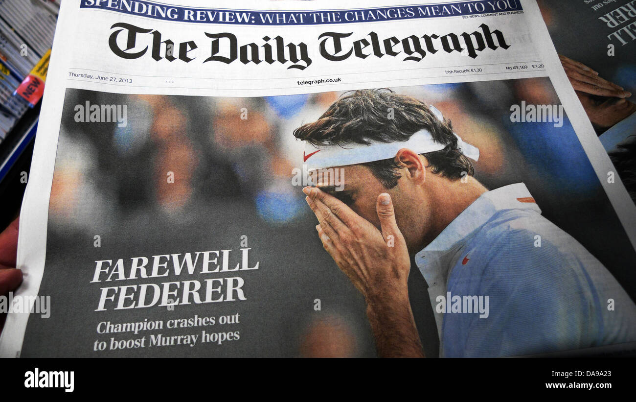 Roger Federer on the front page of The Daily Telegraph after losing tennis Gramd Slam match championship to Sergiy Stakhovsky at Wimbledon  June 2013 Stock Photo