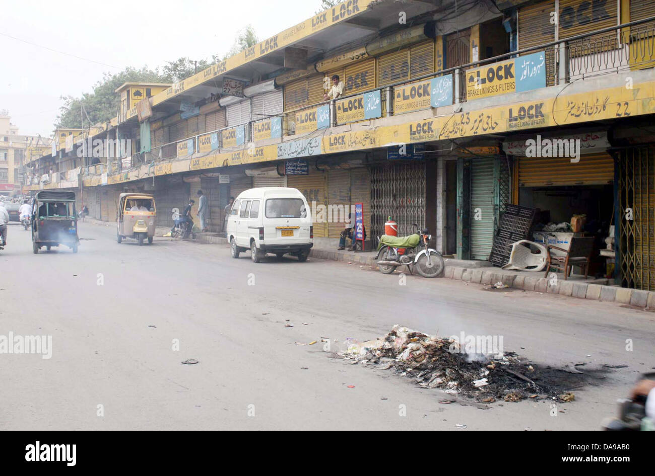 Garden Auto Parts markets seen closed during strike called by shopkeepers against dacoities and extortion mafia, in Karachi on Monday, July 08, 2013. Stock Photo