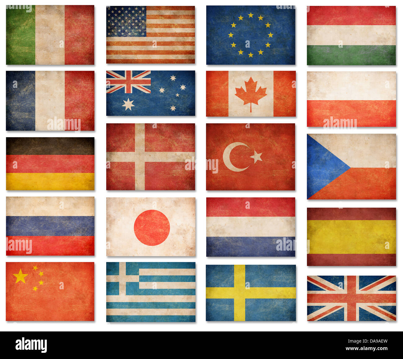 Grunge flags: USA, Great Britain, Italy, France, Denmark, Germany, Russia, Japan, Canada, Spain, Turkey, Australia and others Stock Photo