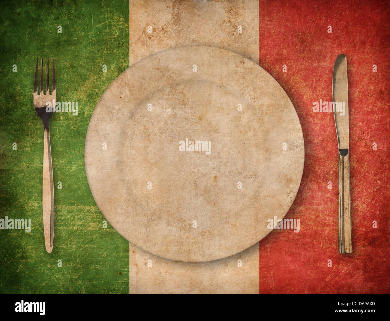 Fork and knife on grunge italian flag hires stock photography and