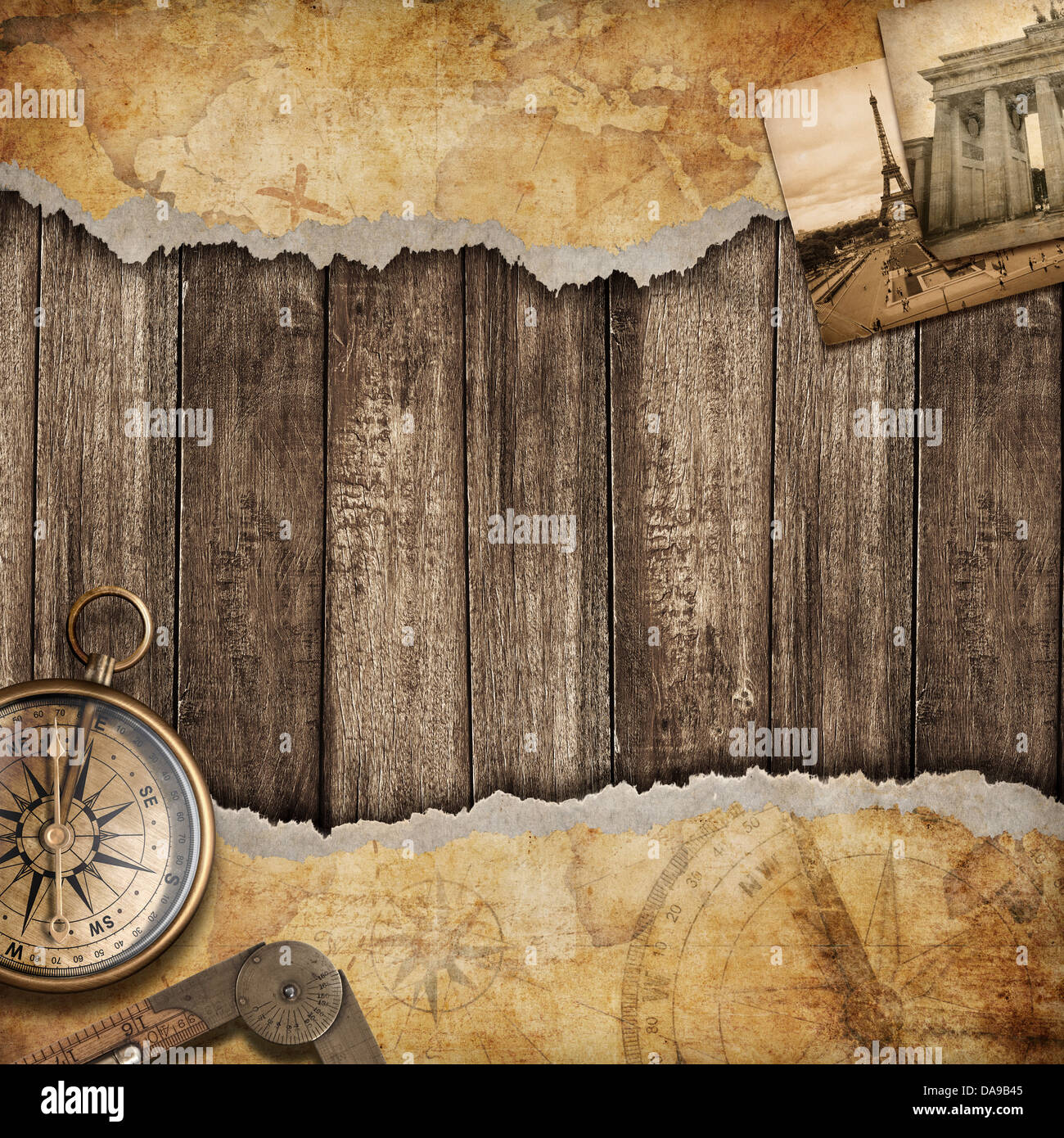 Old map background with compass. Adventure or discovery concept. Stock Photo