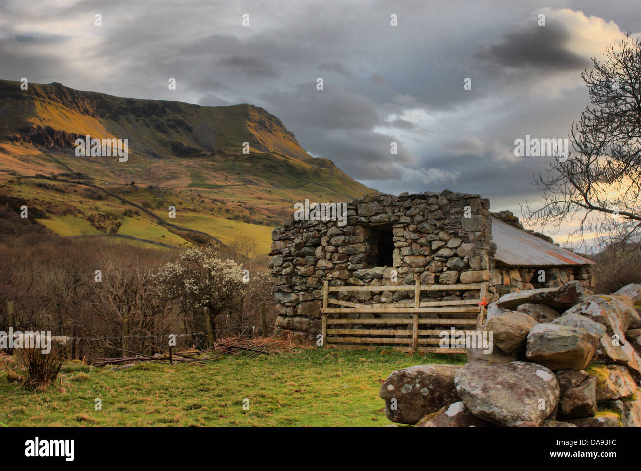 Stone building in front of the majestic Cadair Idris Mountain Range under  a cloudy sky Stock Photo