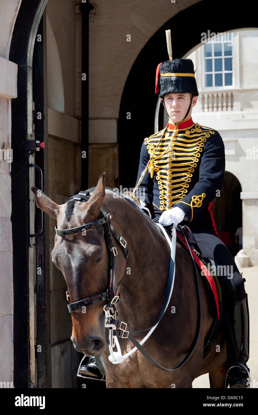 Mounted Guard of the King's Troop, Royal Horse Artillery, on duty at Horse Guards Parade Whitehall Stock Photo