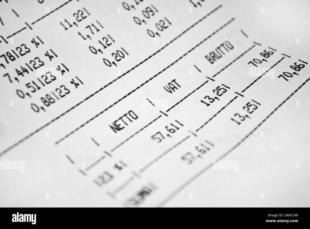 Invoice sheet with gross and net prices and vat tax value Stock Photo