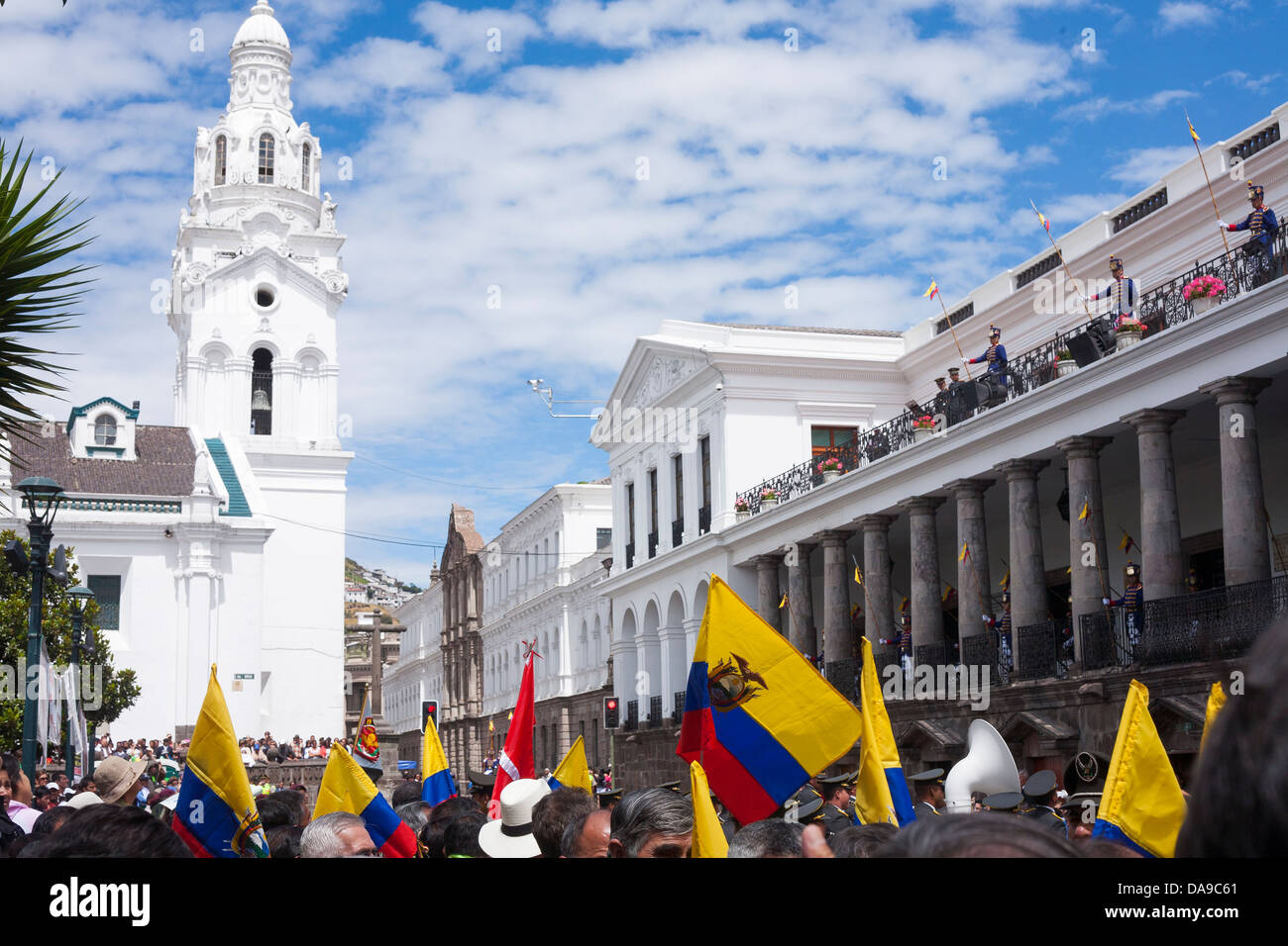 Supporters of the Ecuadorian president Rafael Correa gather to support his campaign at the presidential Carondelet Palace Quito Stock Photo