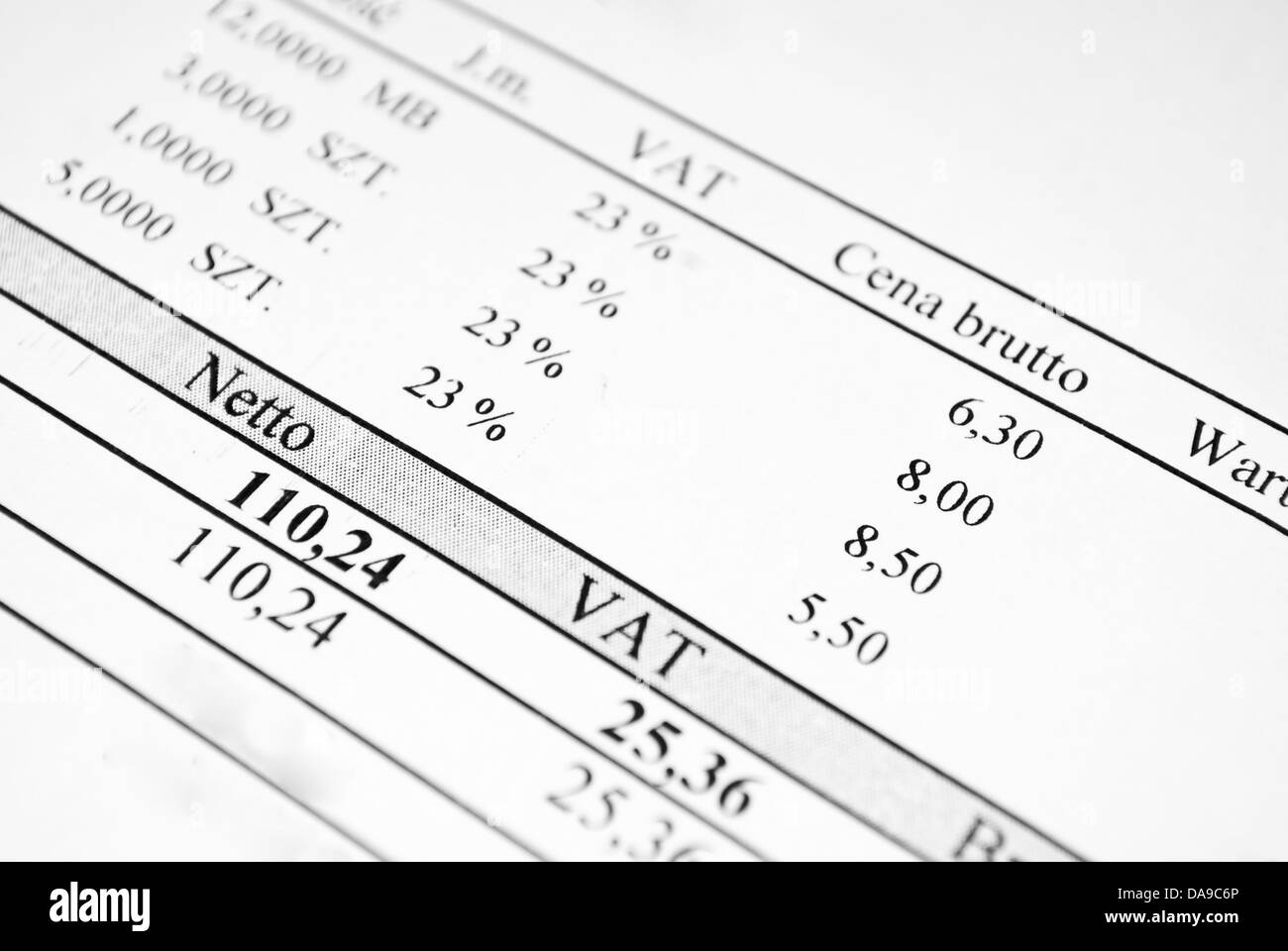 Invoice sheet with gross and net prices and vat tax value Stock Photo