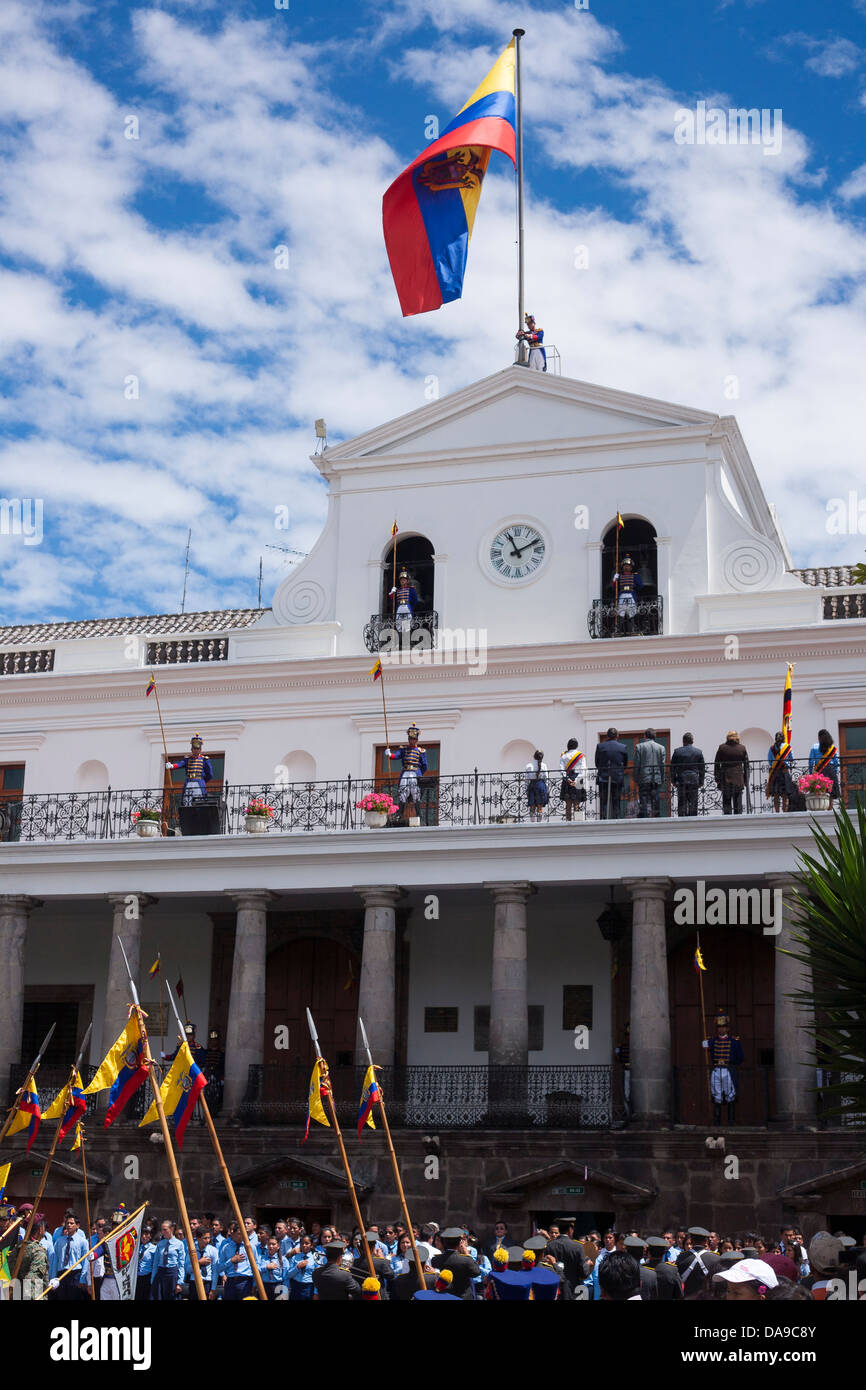 Supporters of the Ecuadorian president Rafael Correa gather to support his campaign at the presidential Carondelet Palace Quito Stock Photo