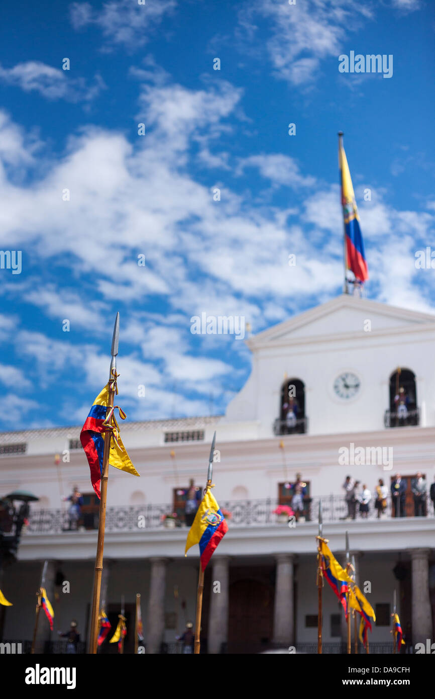 Supporters of the Ecuadorian president Rafael Correa gather to support his campaign at the presidential Carondelet Palace Quito Stock Photo