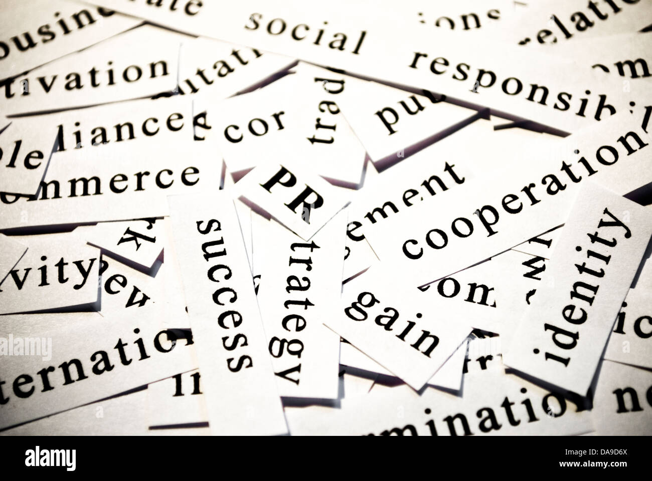PR or public relations. Concept of cut-out words related with business activity. Stock Photo
