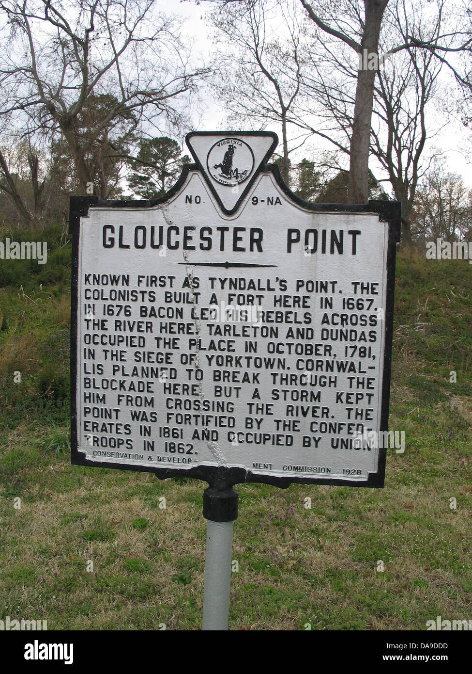 GLOUCESTER POINT Known first as Tyndall's Point. The colonists built a fort here in 1667. In 1676 Bacon led his rebels across the river here. Tarleton and Dundas occupied the place in October, 1781, in the siege of Yorktown. Cornwallis planned to break through the blockade here, but a storm kept him from crossing the river. The point was fortified by the Confederates in 1861 and occupied by Union troops in 1862. Conservation & Development Commission, 1928 Stock Photo