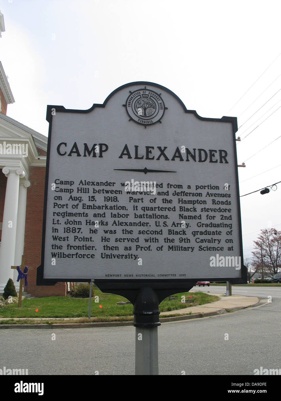 CAMP ALEXANDER Camp Alexander was created from a portion of Camp Hill between Warwick and Jefferson Avenues on Aug. 15, 1918. Part of the Hampton Roads Port of Embarkation, it quartered Black stevedore regiments and labor battalions. Named for 2nd Lt. John Hawks Alexander, U.S. Army. Graduating in 1887, he was the second Black graduate of West Point. He served with the 9th Cavalry on the frontier, then as Prof. of Military Science at Wilberforce University. Newport News Historical Committee, 1985 Stock Photo