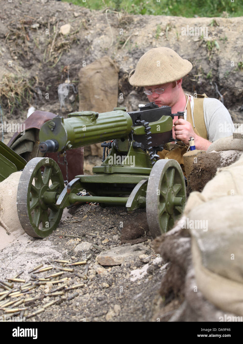 WW1 trench re enactment featuring maxim machine gun Stock Photo