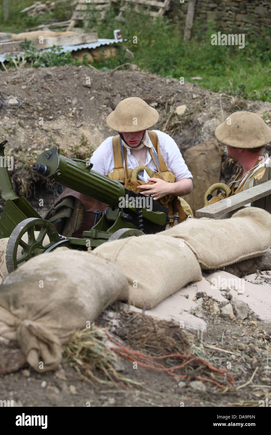 WW1 trench re enactment featuring maxim machine gun Stock Photo