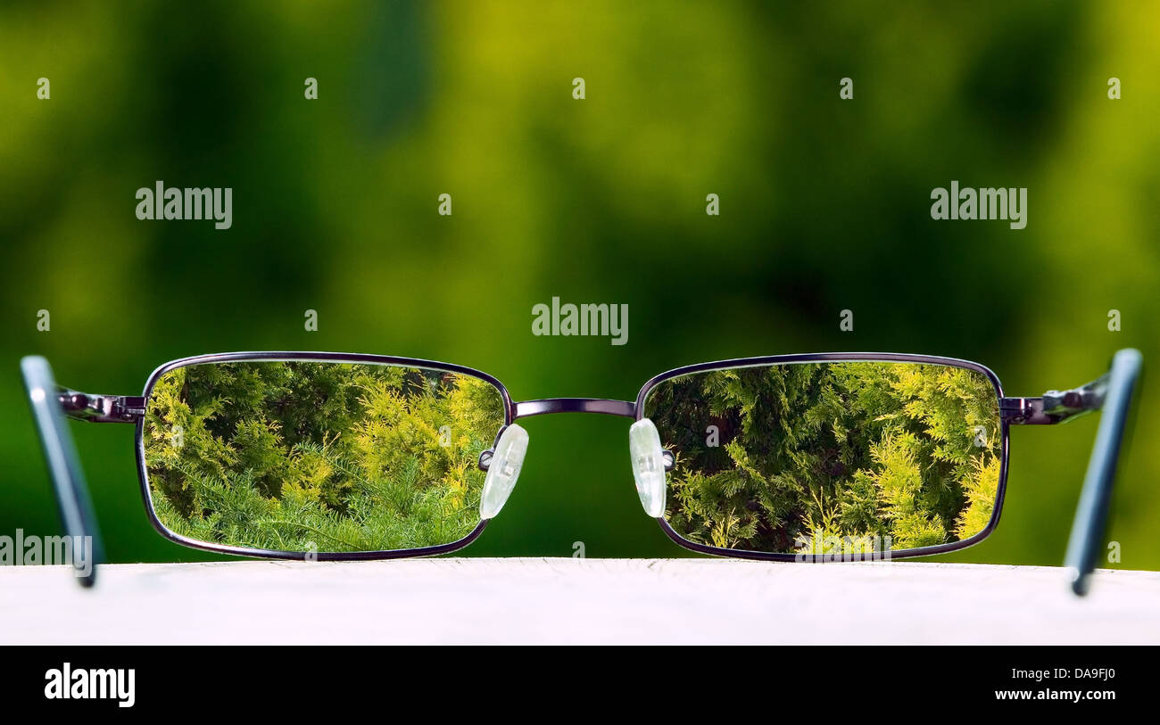 Eyeglasses placed on table with green nature background Stock Photo