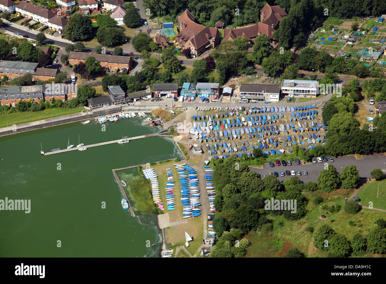 aerial view of Wembley Sailing Club at Brent Reservoir, Welsh Harp Stock Photo