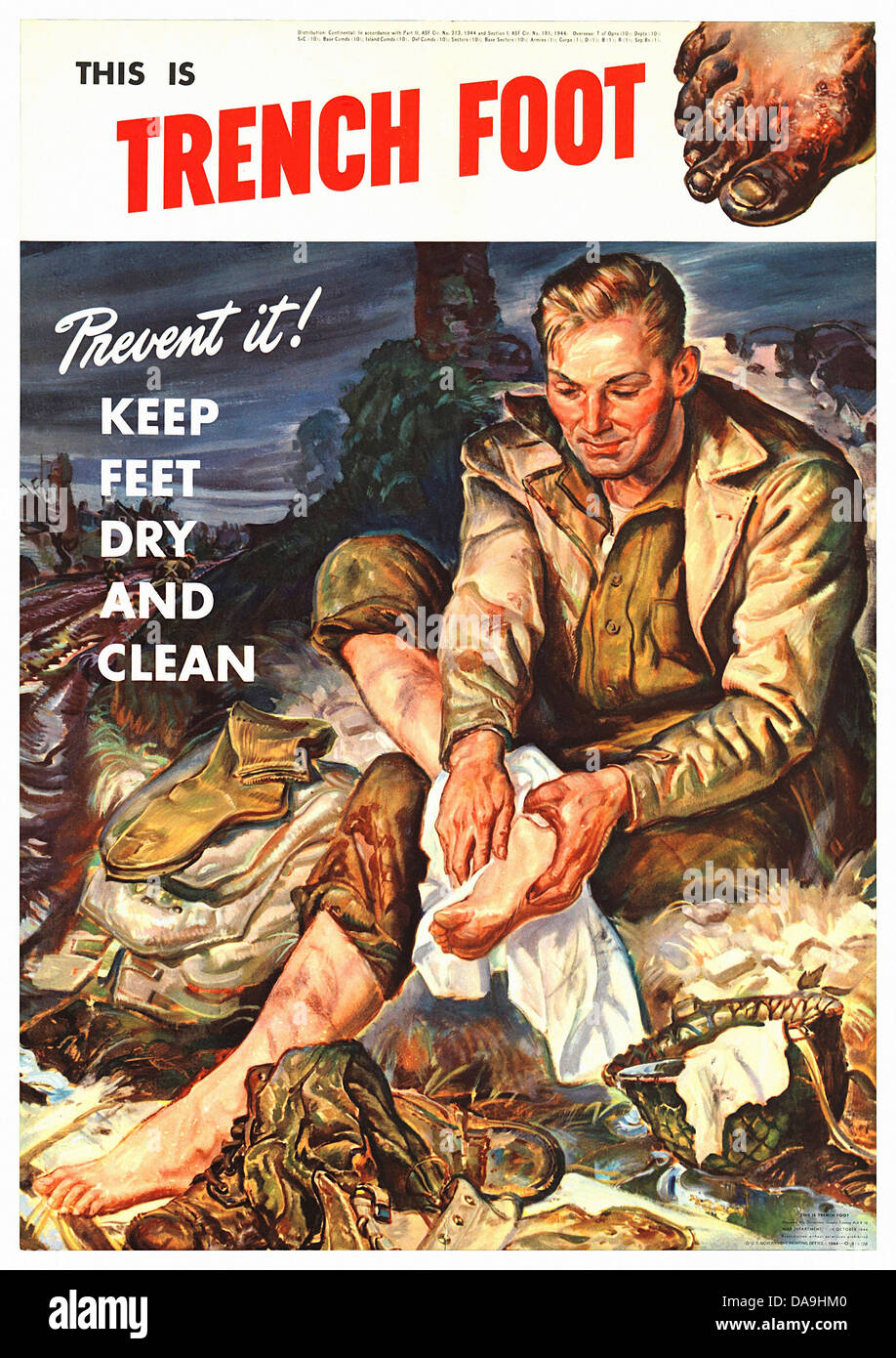 World War II, Second World War, world war, war, poster, Propagana, propaganda poster, USA, American, trench, hygiene, foot, clea Stock Photo