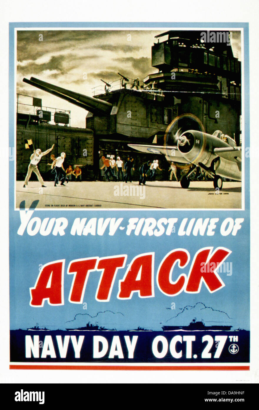 World War II, Second World War, world war, war, poster, Propagana, propaganda poster, USA, American, aircraft carrier, cannons, Stock Photo