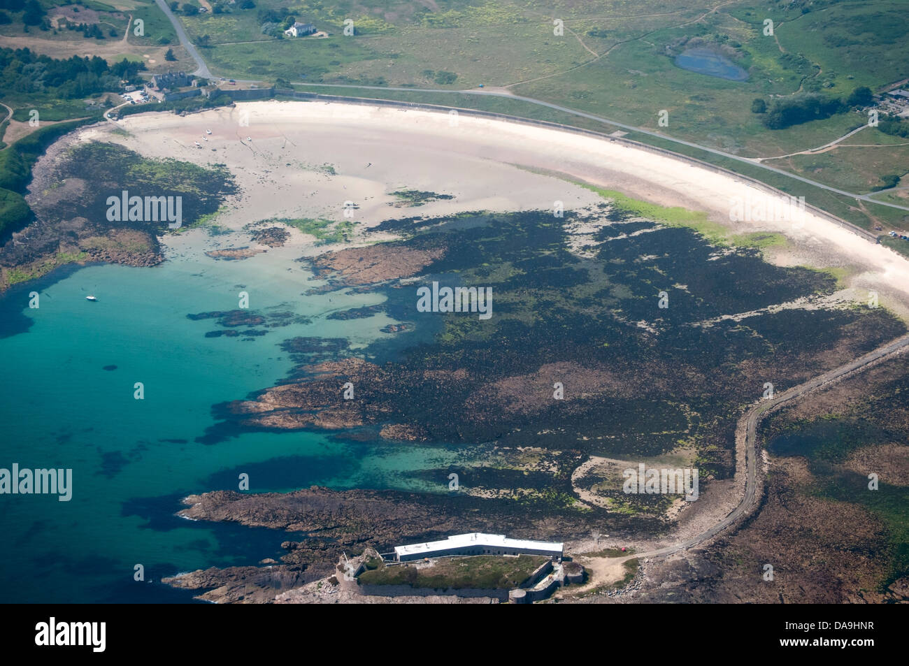 Aerial view of Longis Bay on the Channel Island of Alderney Stock Photo