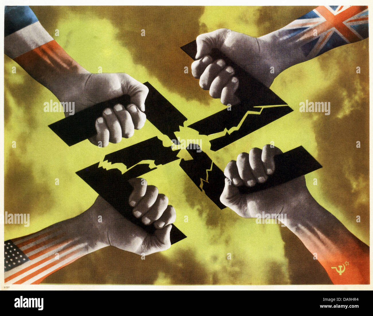 World War II, Second World War, world war, war, poster, Propagana, propaganda poster, USA, American, hands, fists, allies, Allie Stock Photo