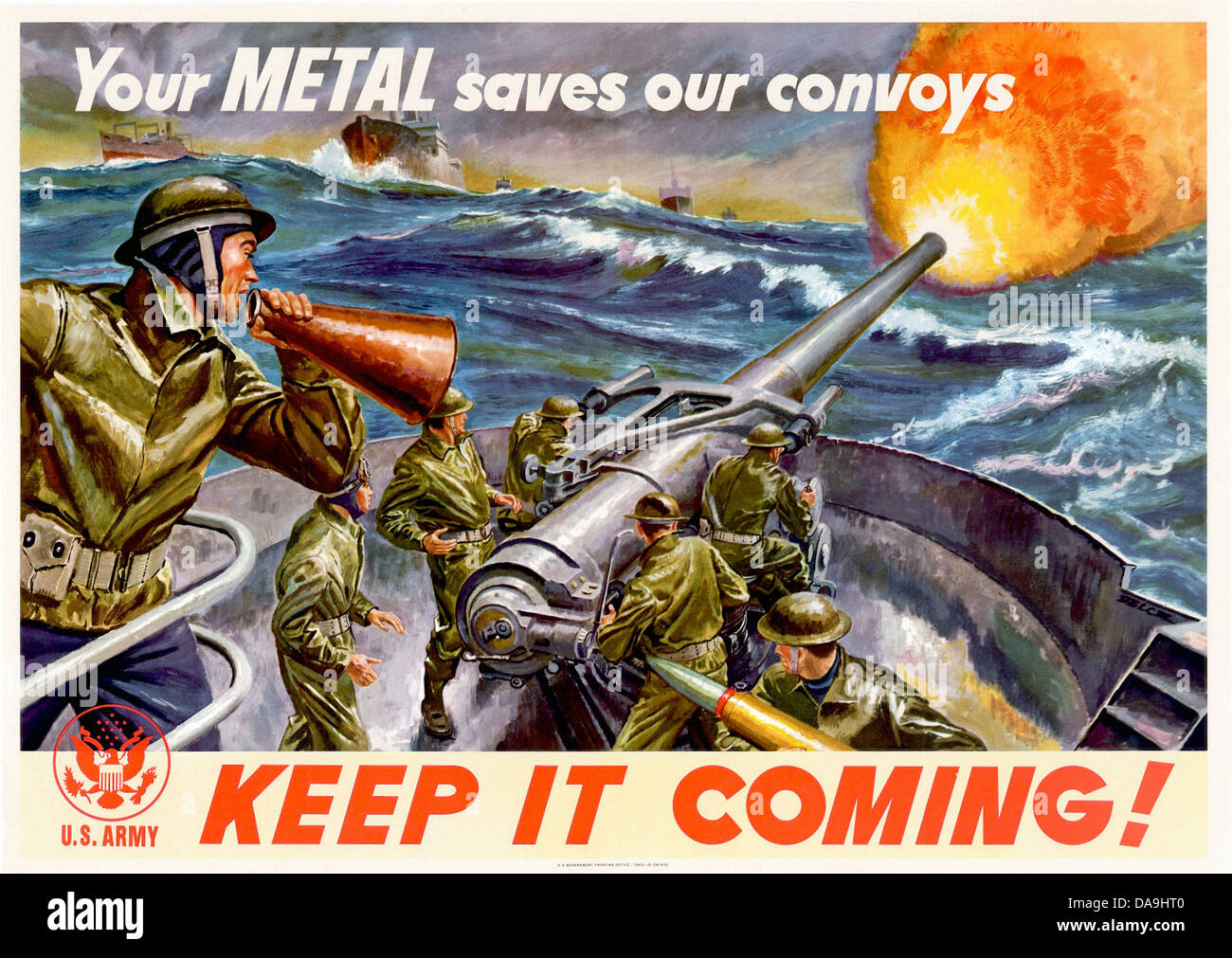 World War II, Second World War, world war, war, poster, Propagana, propaganda poster, USA, American, heavy gun, warship, soldier Stock Photo