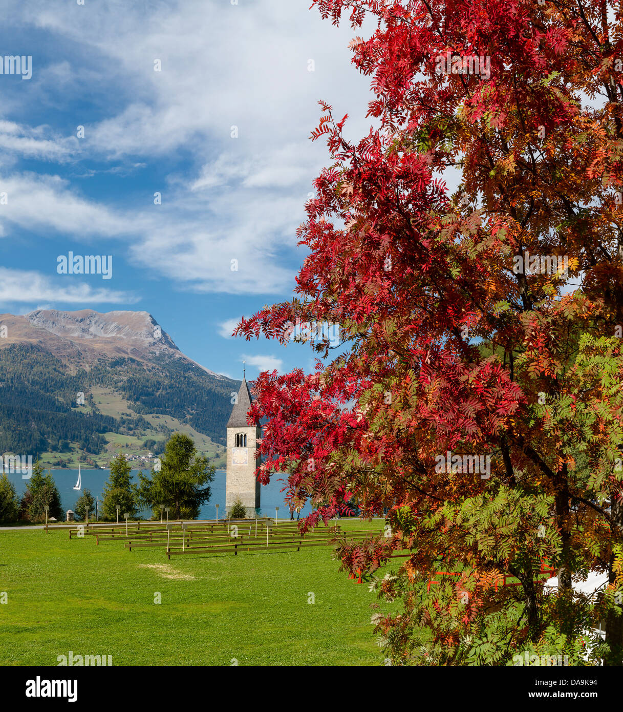Italy, Europe, Südtirol, South Tyrol, Upper Adige, Alto Adige, Curon Venosta, Reschensee, Lake Reschen, Lago di Resia, church, m Stock Photo