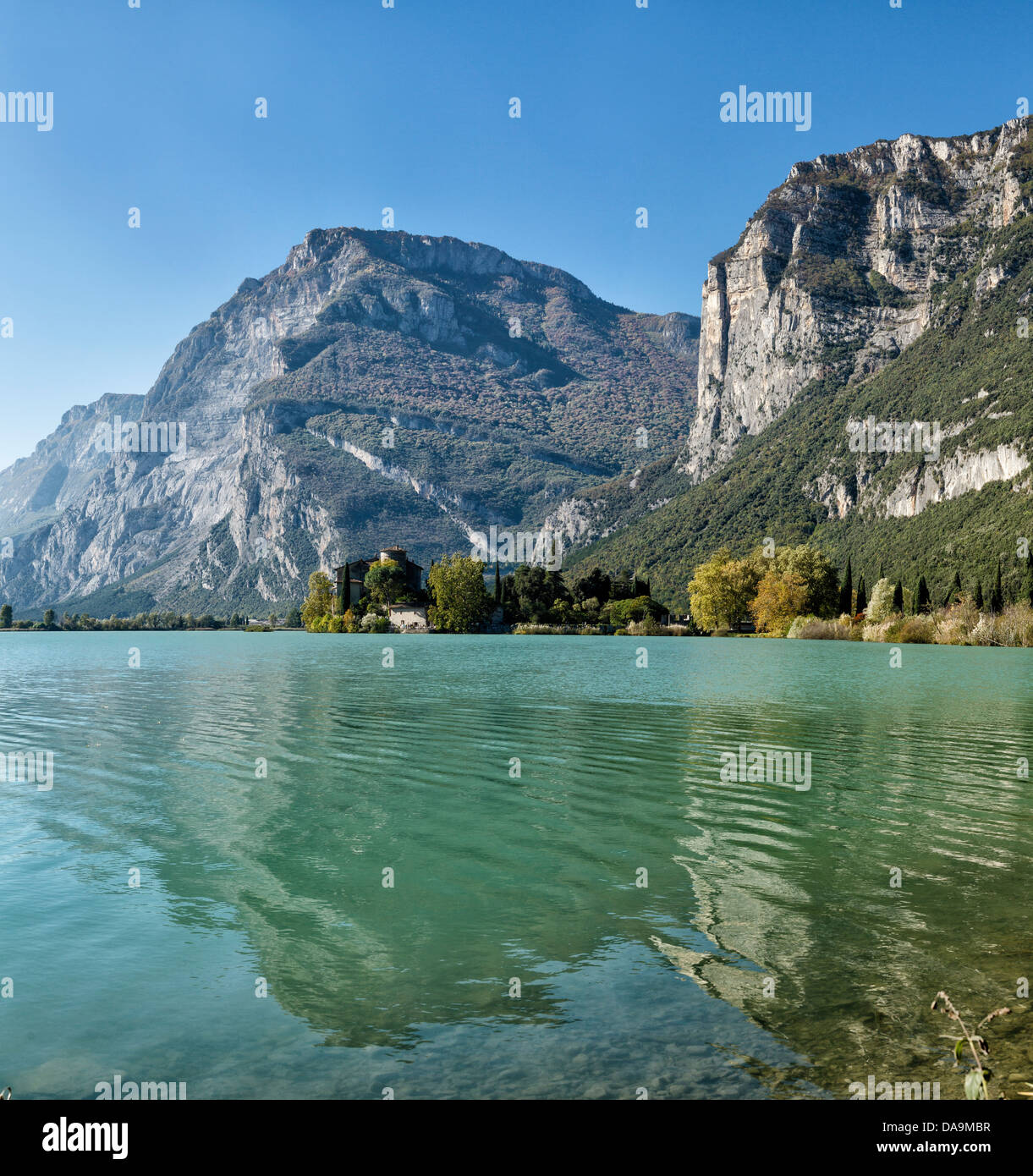 Italy, Europe, Trentino, Sarche, Lago di Toblino, Toblino, landscape, water, trees, autumn, mountains, lake, Stock Photo