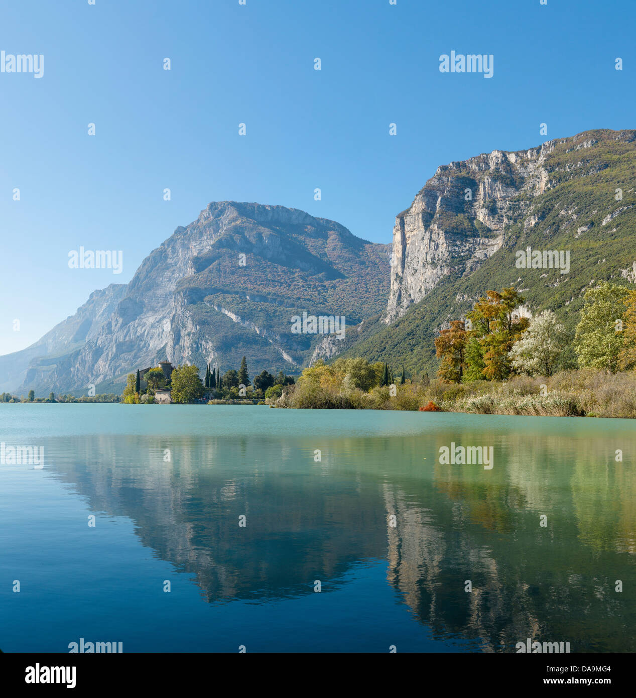 Italy, Europe, Trentino, Sarche, Lago di Toblino, Toblino, landscape, water, autumn, mountains, lake, Stock Photo