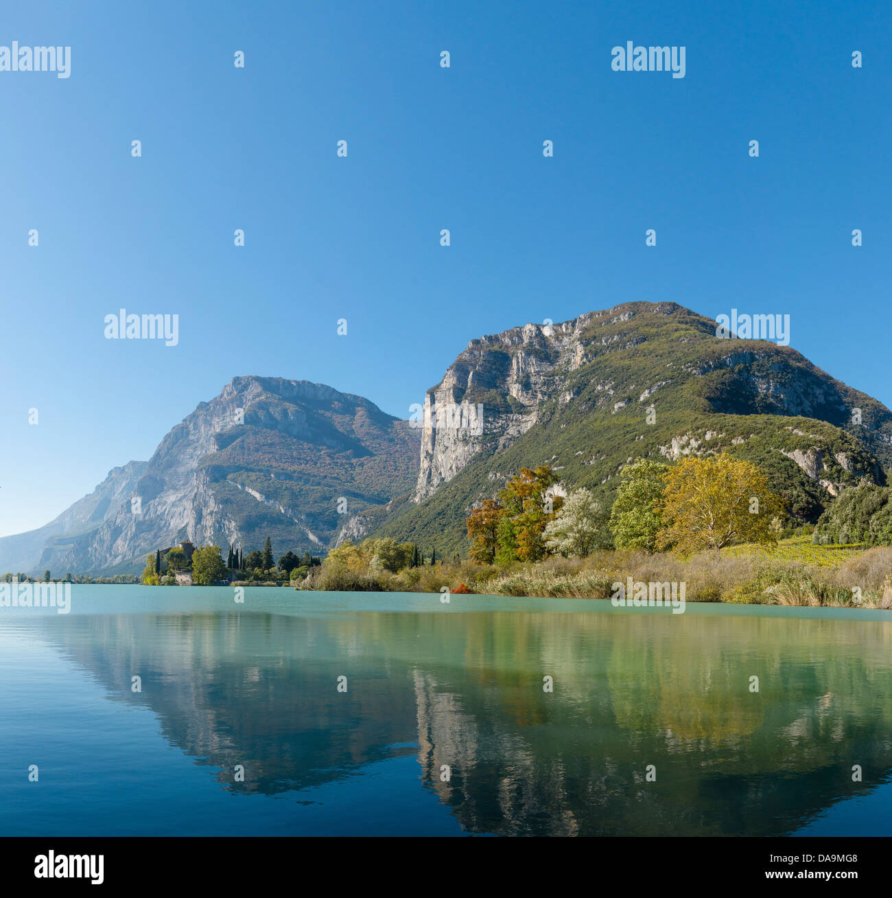Italy, Europe, Trentino, Sarche, Lago di Toblino, Toblino, landscape, water, autumn, mountains, lake, Stock Photo