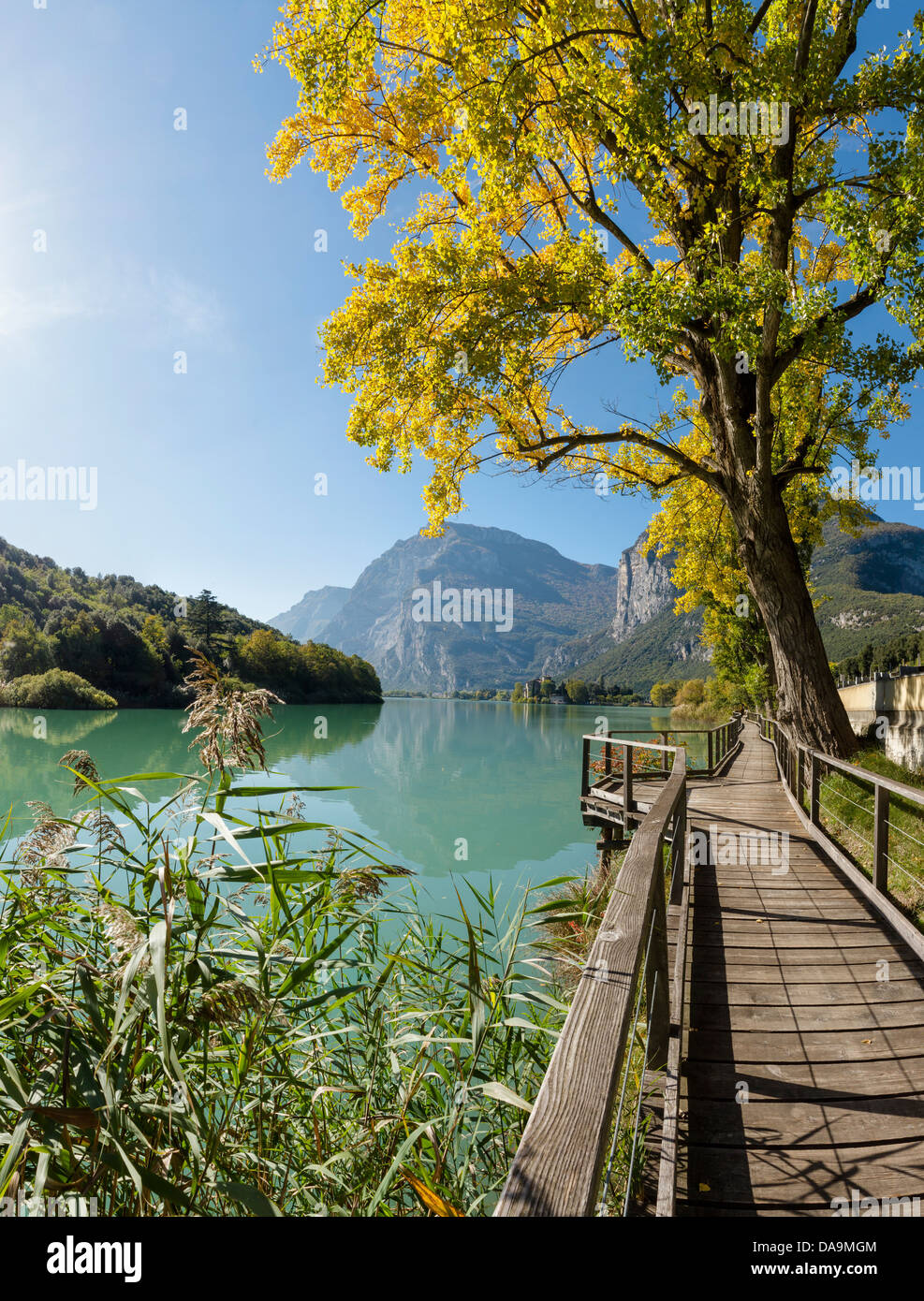 Italy, Europe, Trentino, Sarche, Lago di Toblino, Toblino, landscape, water, trees, autumn, mountains, lake, Stock Photo