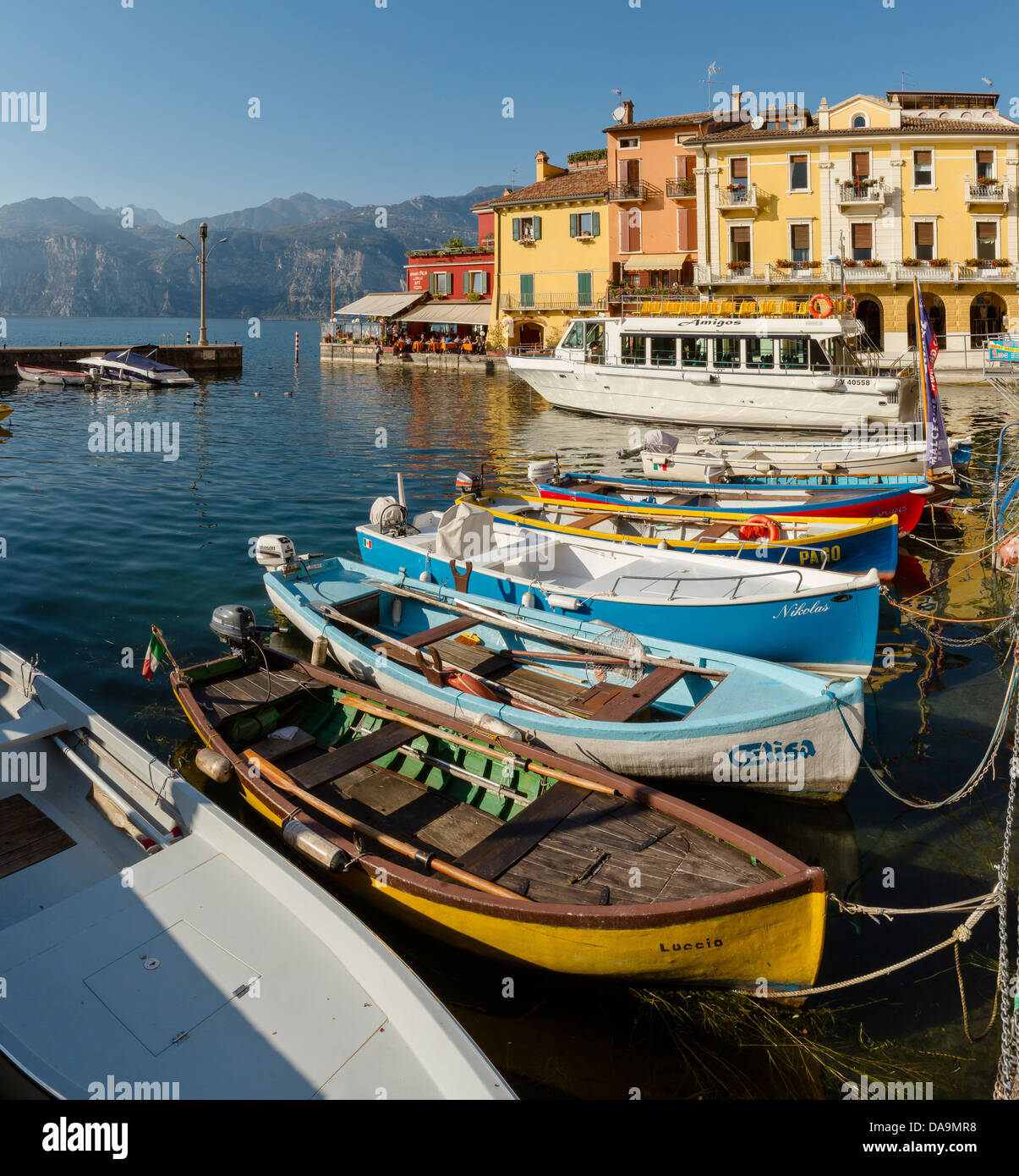 Italy, Europe, Lago di Garda, Verona, Malcesine, Port, city, village, water, autumn, mountains, lake, ships, boat, Stock Photo