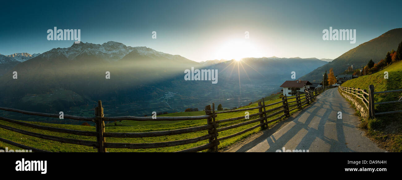 Italy, Europe, Südtirol, South Tyrol, Upper Adige, Alto Adige, Tanas, Valley, Vinschgau, landscape, field, meadow, autumn, mount Stock Photo
