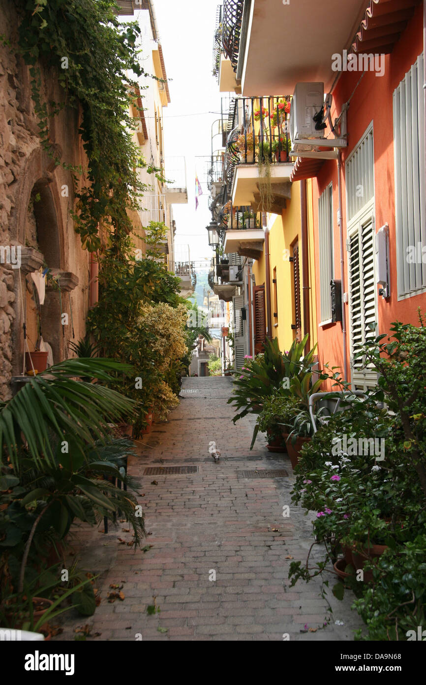 Italy, Europe, Lipari Islands, Lipari, Old Town, lane, houses, homes, plants, picturesquely Stock Photo
