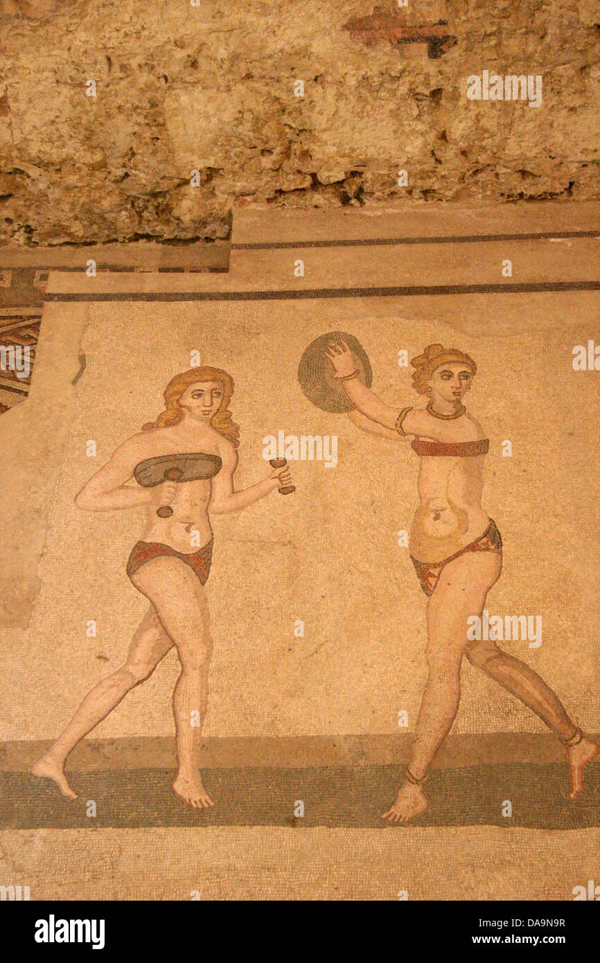Italy, Europe, Sicily, villa Romana del Casale, Piazza Armerina, mosaic, gymnasts, bikini, girl Stock Photo