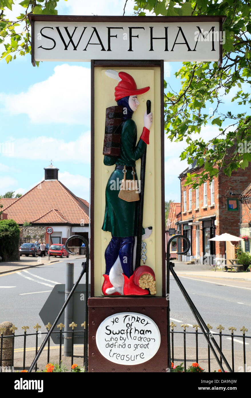 Swaffham Town Sign, Pedlar, Tinker and Pot of Gold, Norfolk England UK signs Stock Photo