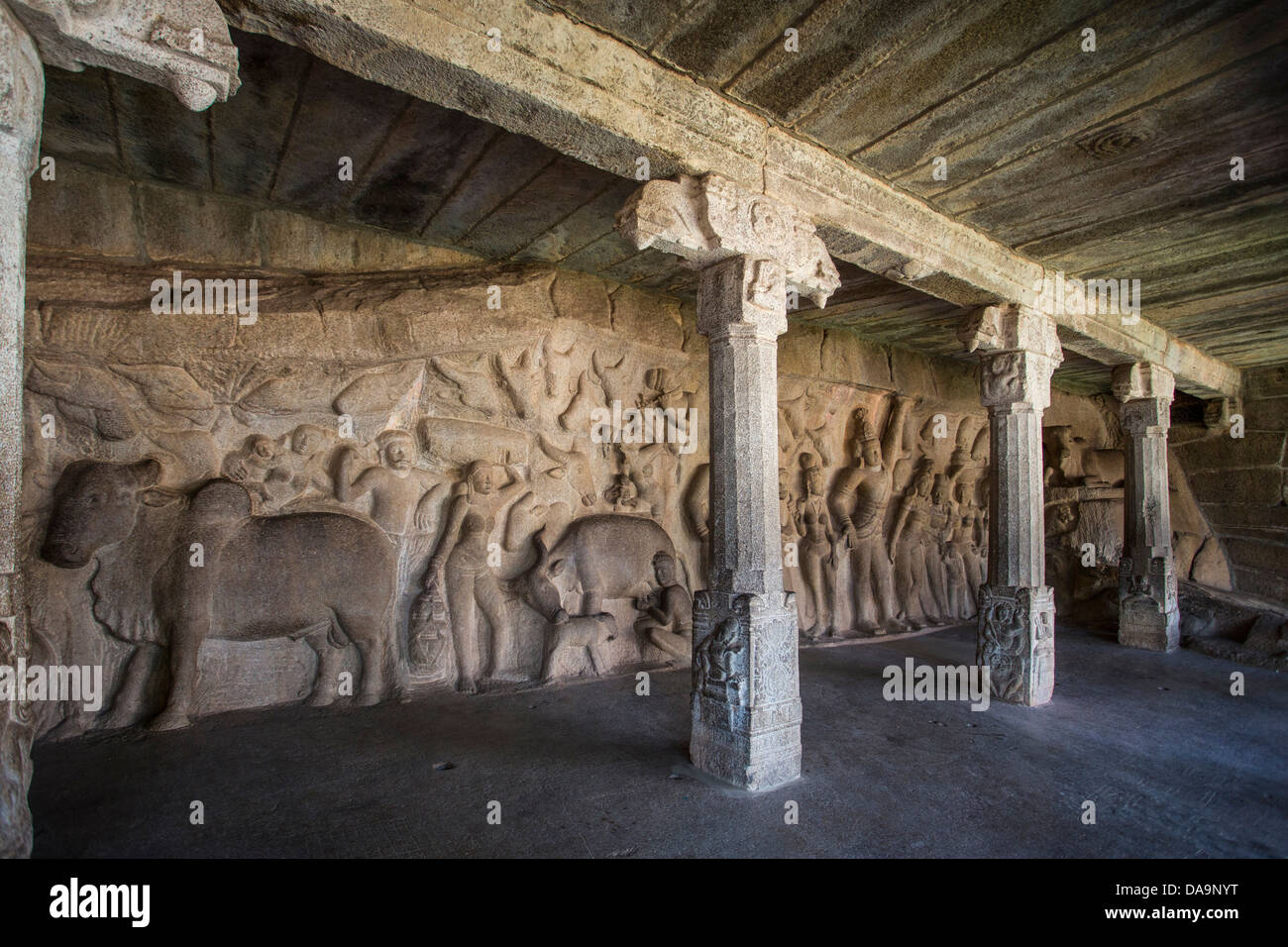 India, South India, Asia, Tamil Nadu, Mamallapuram, Mahabalipuram, Rock-cut, architecture, Ajuna's Penance, world heritage, Ajun Stock Photo