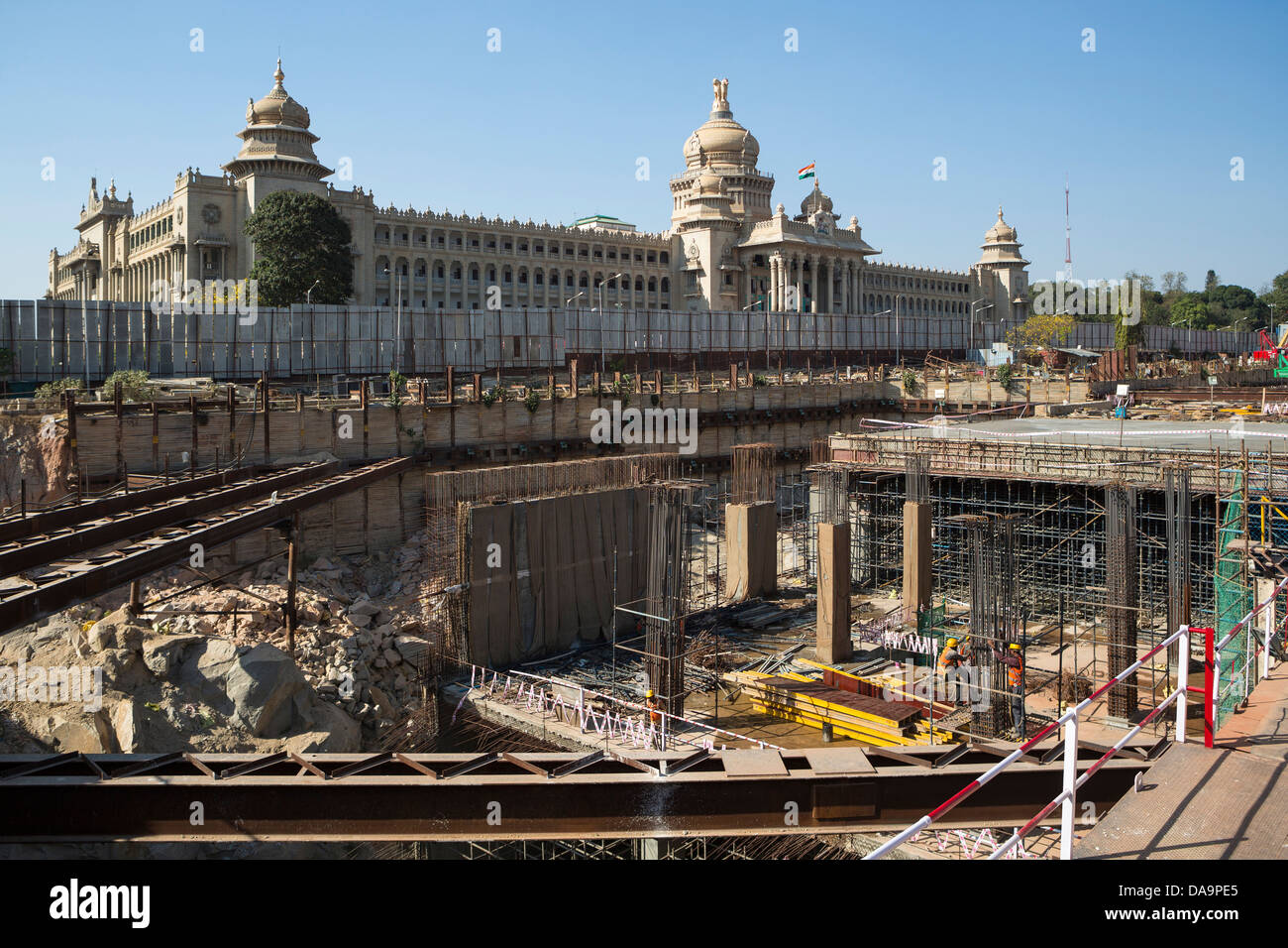 India, South India, Asia, Karnataka, Bangalore, Downtown, Vidhana Soudha, Building, Parliament, Subway station, under constructi Stock Photo