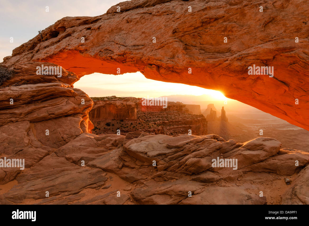 Sunrise at Mesa Arch in Canyonlands National park near Moab, Utah. Stock Photo