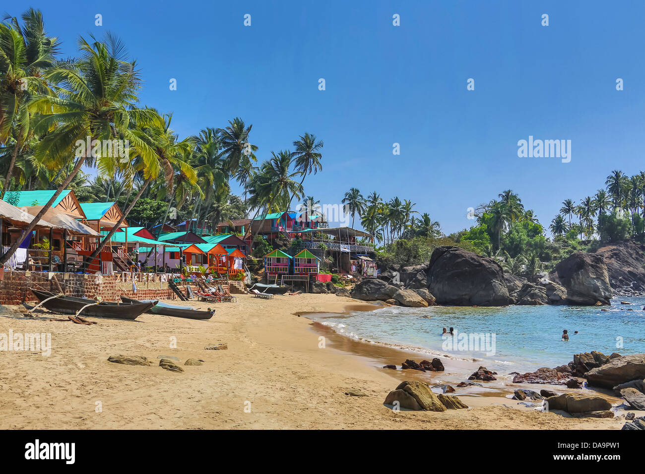 India, South India, Asia, Goa, Palolem Beach, Palolem, beach, beautiful, boats, bungalows, colour, colourful, palm trees, touris Stock Photo