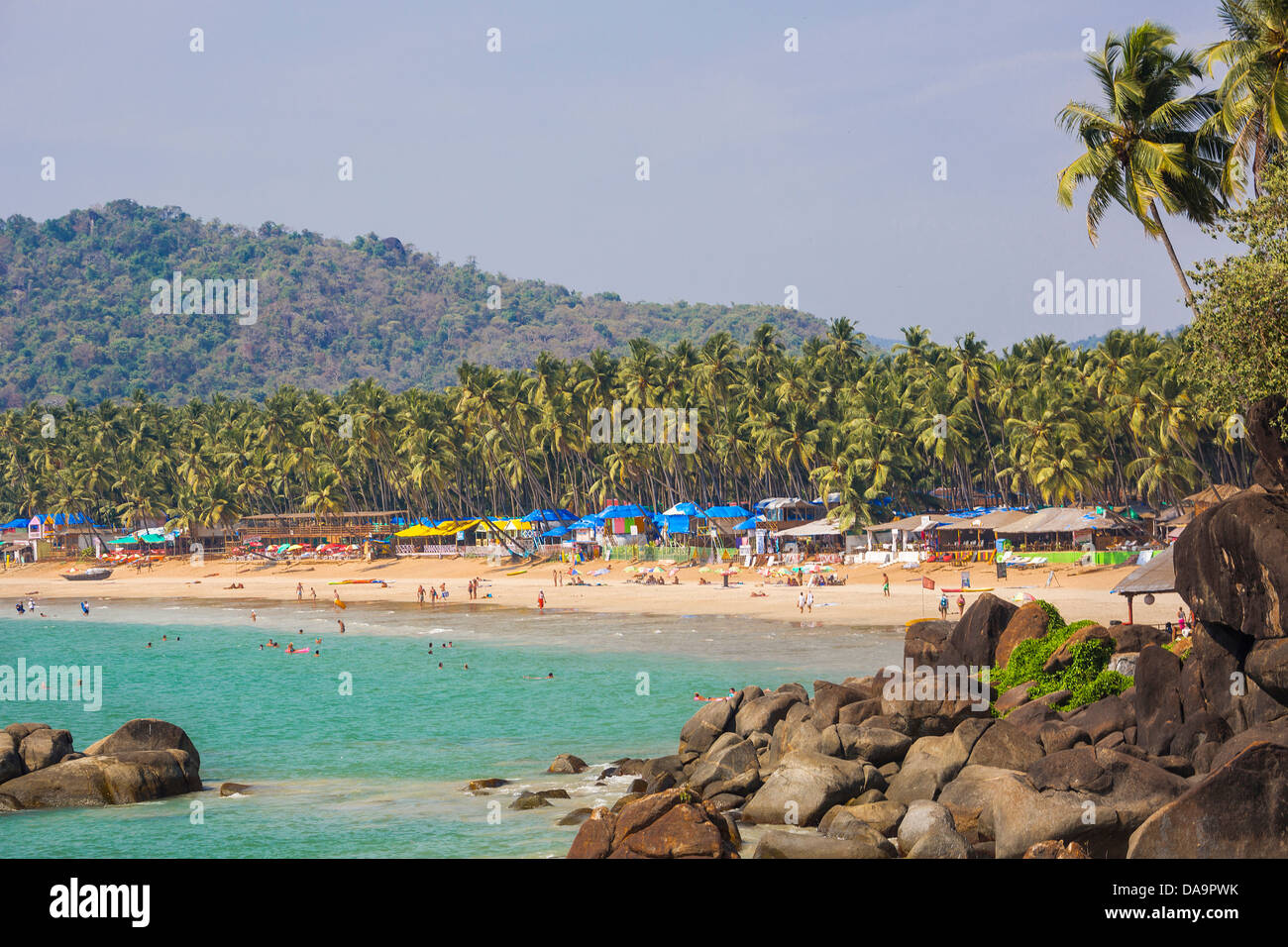 India, South India, Asia, Goa, Palolem Beach, Palolem, beach, beautiful, boats, bungalows, colour, colourful, palm trees, touris Stock Photo