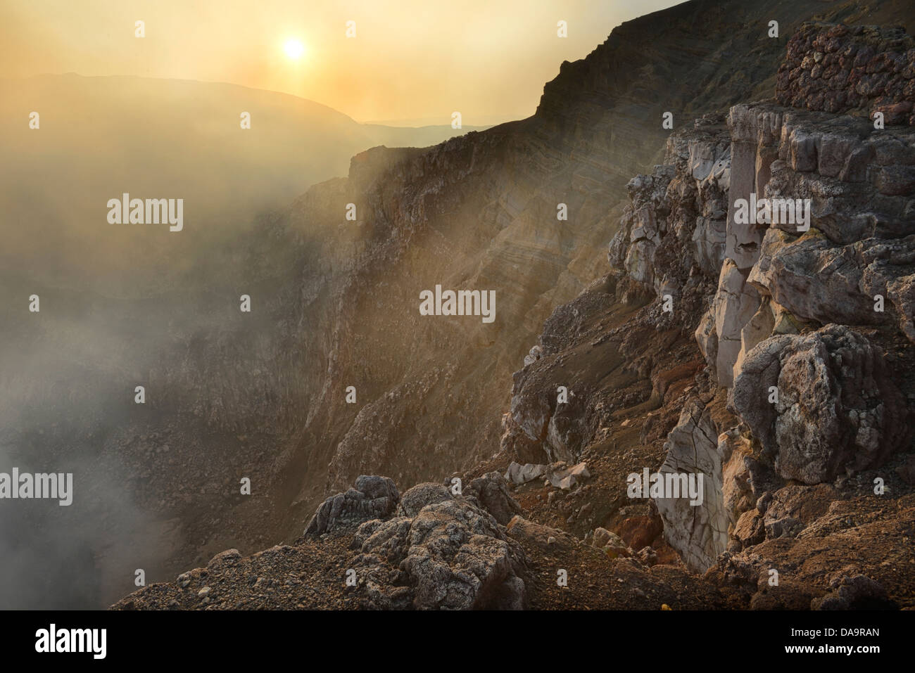Central America, Nicaragua, Granada, volcano, Masaya, crater, sunset, landscape, smoke, active Stock Photo